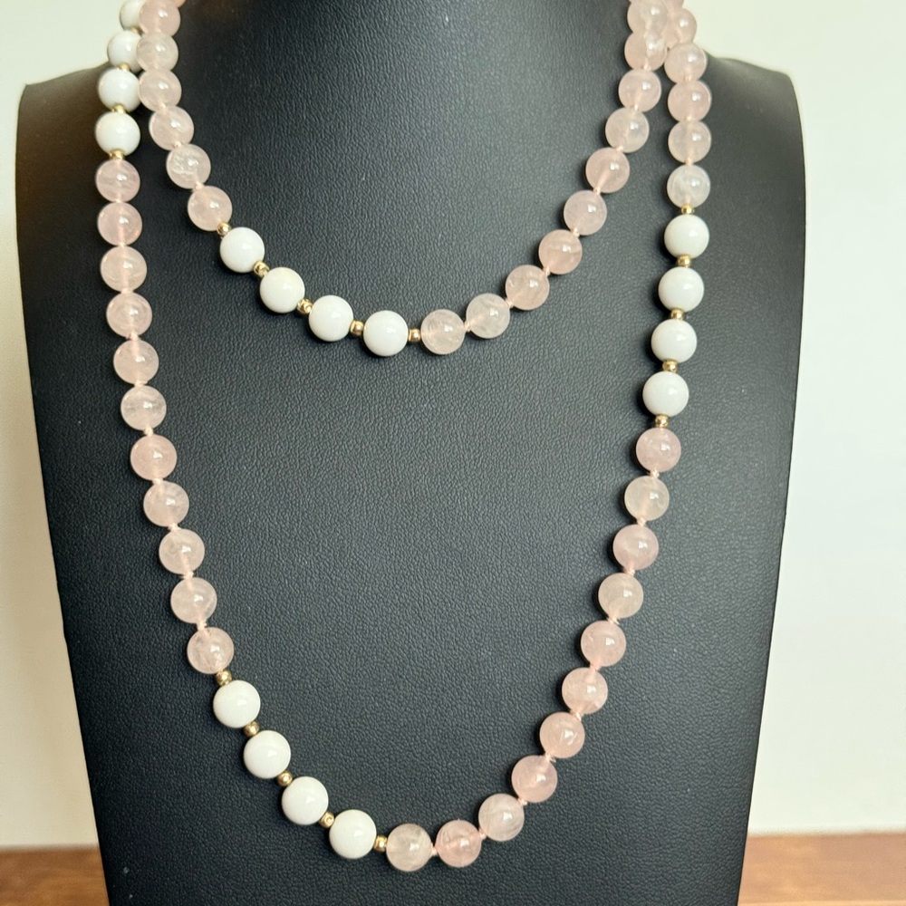 Rose Quartz and White Milk Glass Necklace - Picture 10 of 10